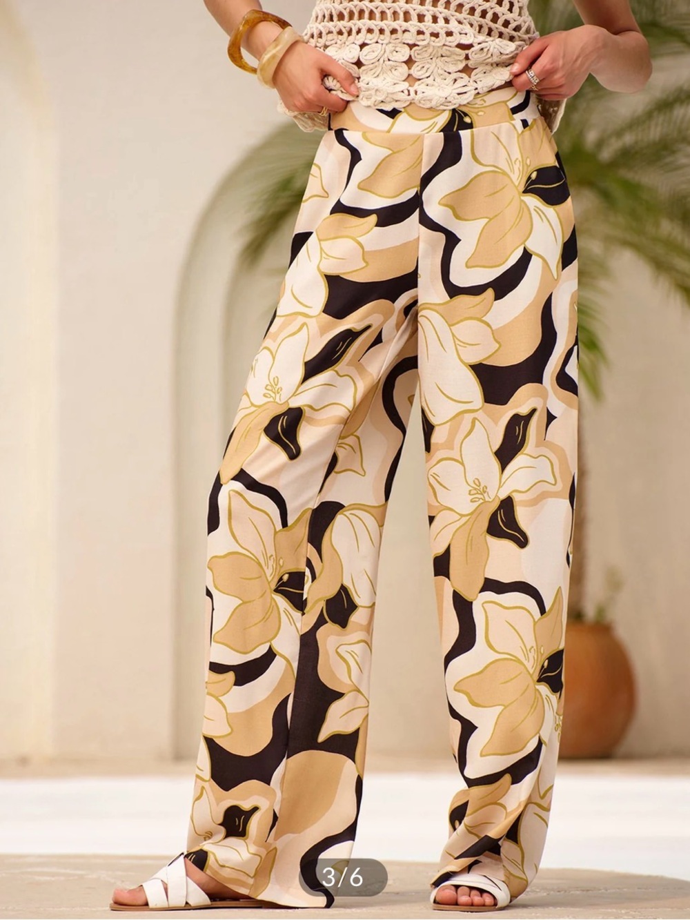 Zara Wide Leg Floral Print Pants in Beige, Black & Cream